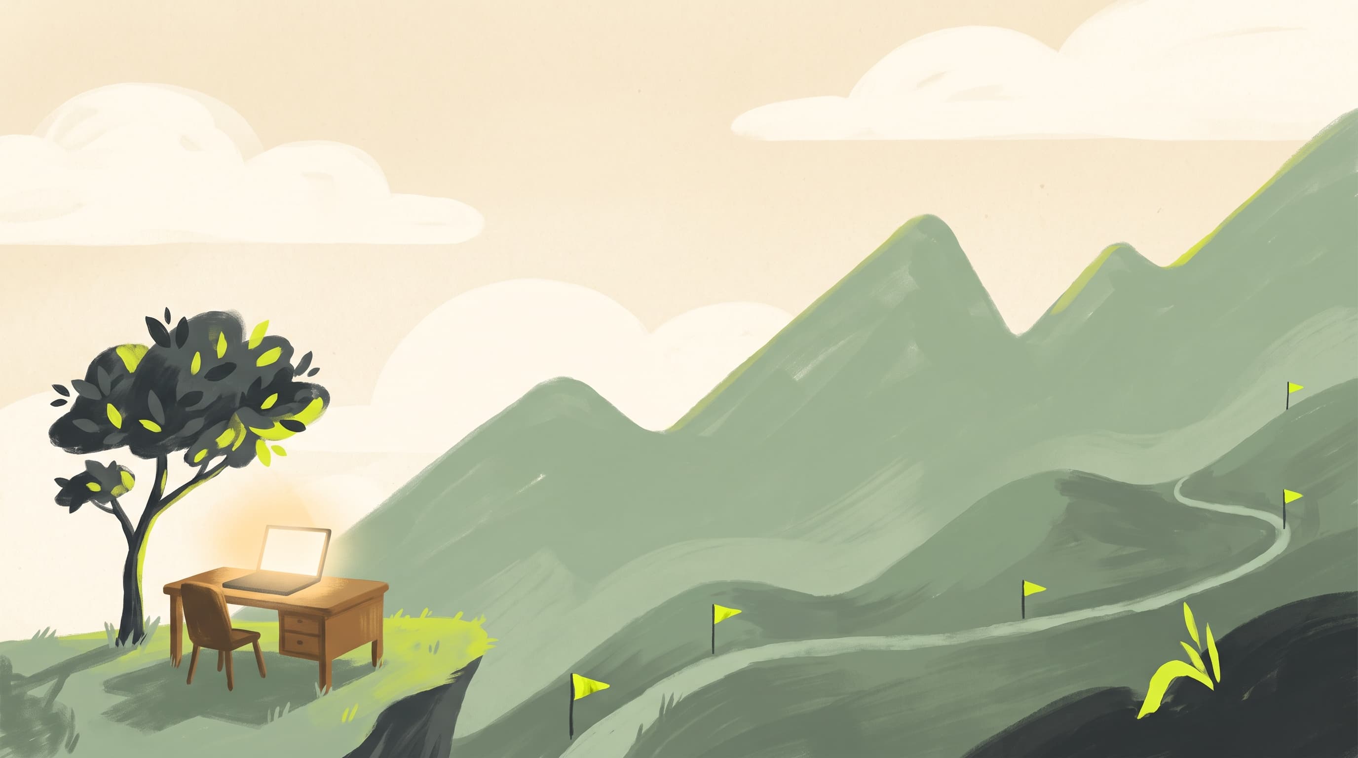 An illustrated landscape where rolling hills form a rising growth chart, with a laptop on a desk under a tree and yellow milestone flags climbing the path