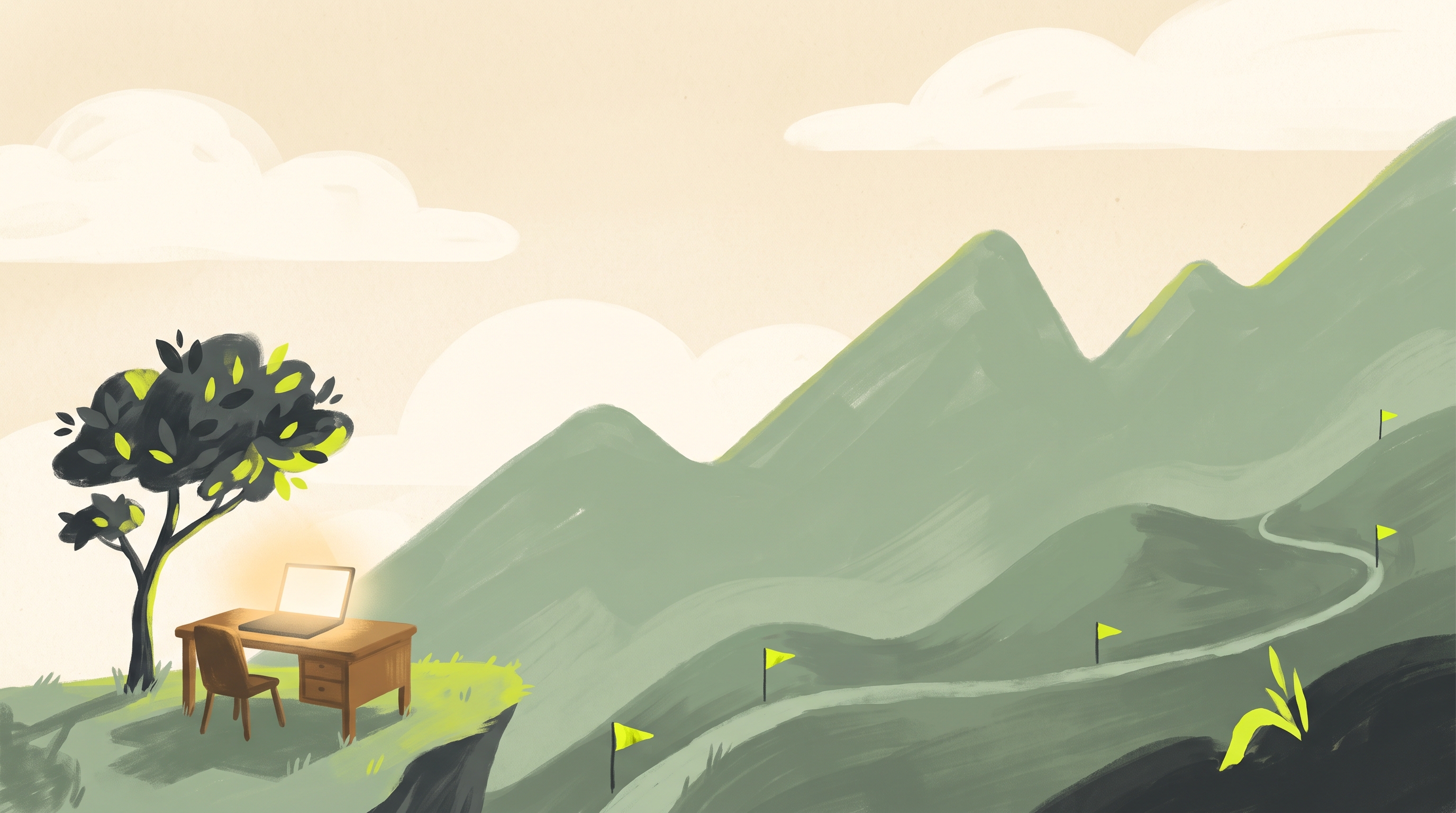 An illustrated landscape where rolling hills form a rising growth chart, with a laptop on a desk under a tree and yellow milestone flags climbing the path